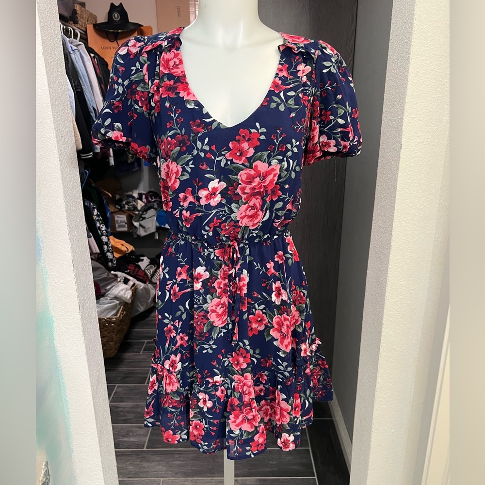 Crystal Doll Dark Blue & Red/Pink Floral Mini Dress